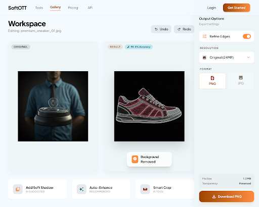 SoftOTT AI background removal workspace — product photo on the left, transparent-checkerboard cutout on the right, with Refine Edges controls in the sidebar