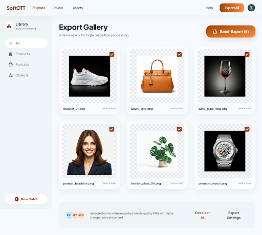 SoftOTT batch export gallery — six product cutouts on transparent checkerboards with a Batch Export button