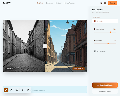 SoftOTT photo colorizer — a vintage monochrome streetscape on the left, the same scene in warm natural colors on the right, with era and saturation controls in the sidebar