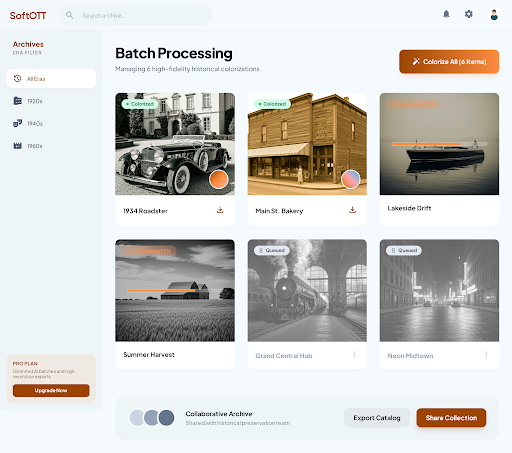 SoftOTT batch colorization queue — six vintage scenes showing mixed statuses: colorized, processing, and queued
